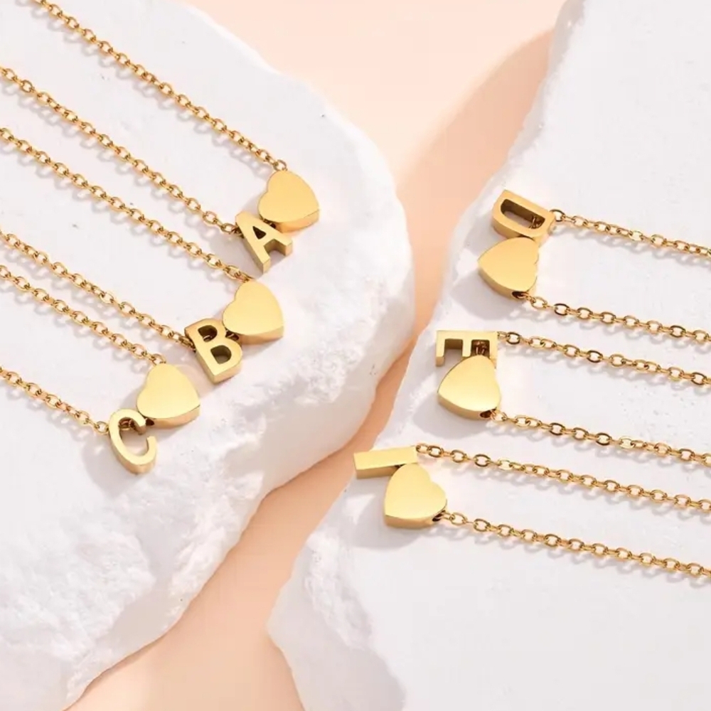 #8 Stainless Steel Golden-Tone Heart & Initial Letter Pendant Necklace